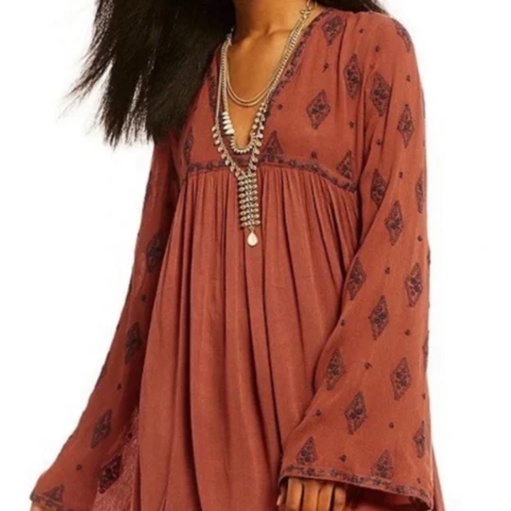 Free People Diamond Embroidered rust long bell sleeve tunic top